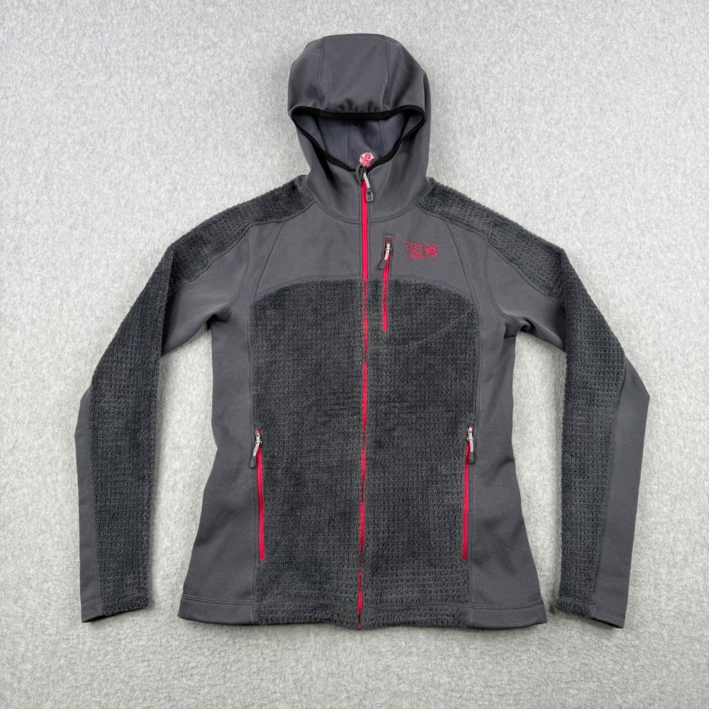Mountain Hardwear Jacket Womens Medium Gray Grid Fleece Hooded Polartec Outdoor